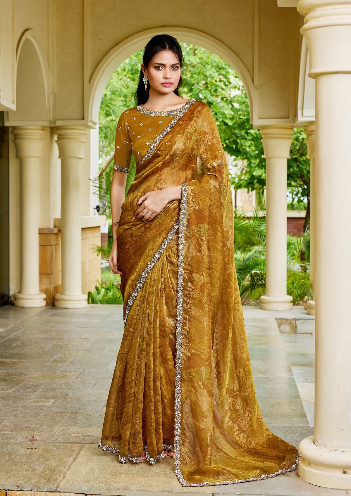 Golden Mustard Embellished Satin Silk Saree