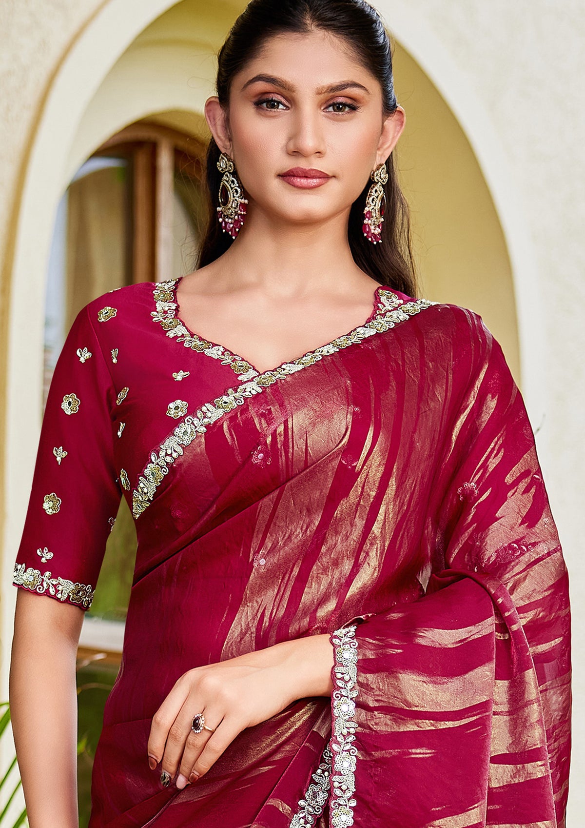 Raspberry Pink Embellished Satin Silk Saree