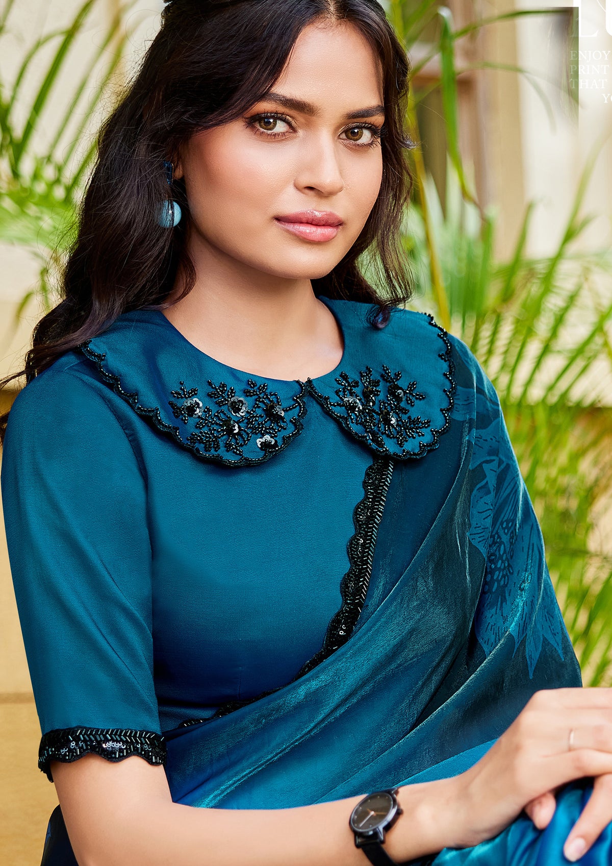 Peacock Teal Embellished Satin Silk Saree