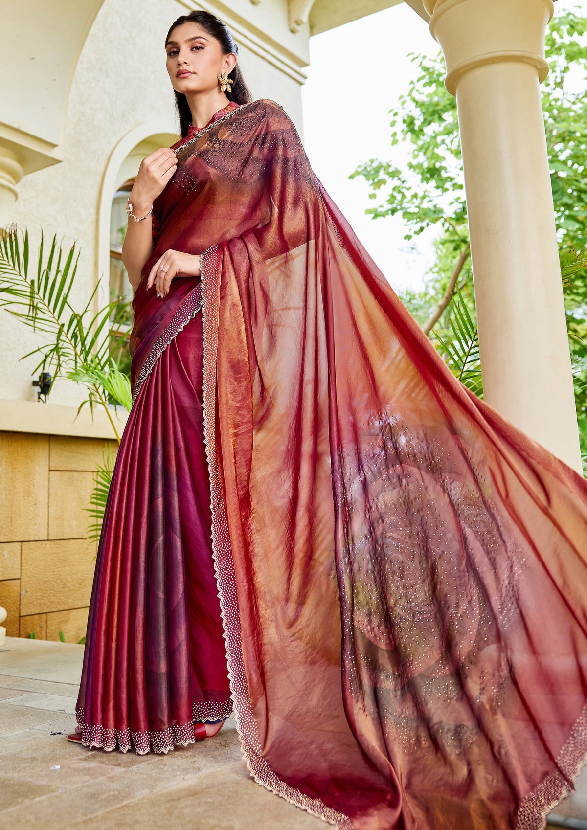 Sunset Ombre Embellished Satin Silk Saree