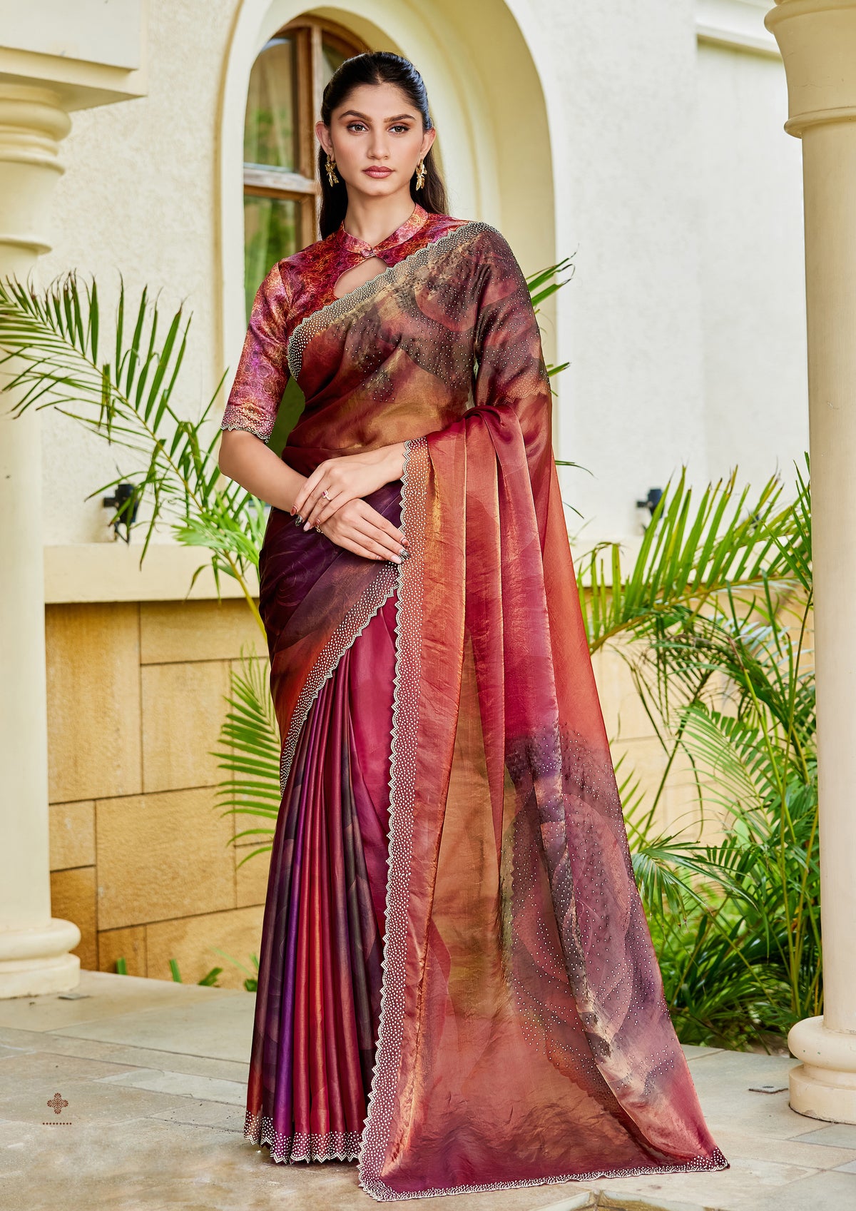 Sunset Ombre Embellished Satin Silk Saree