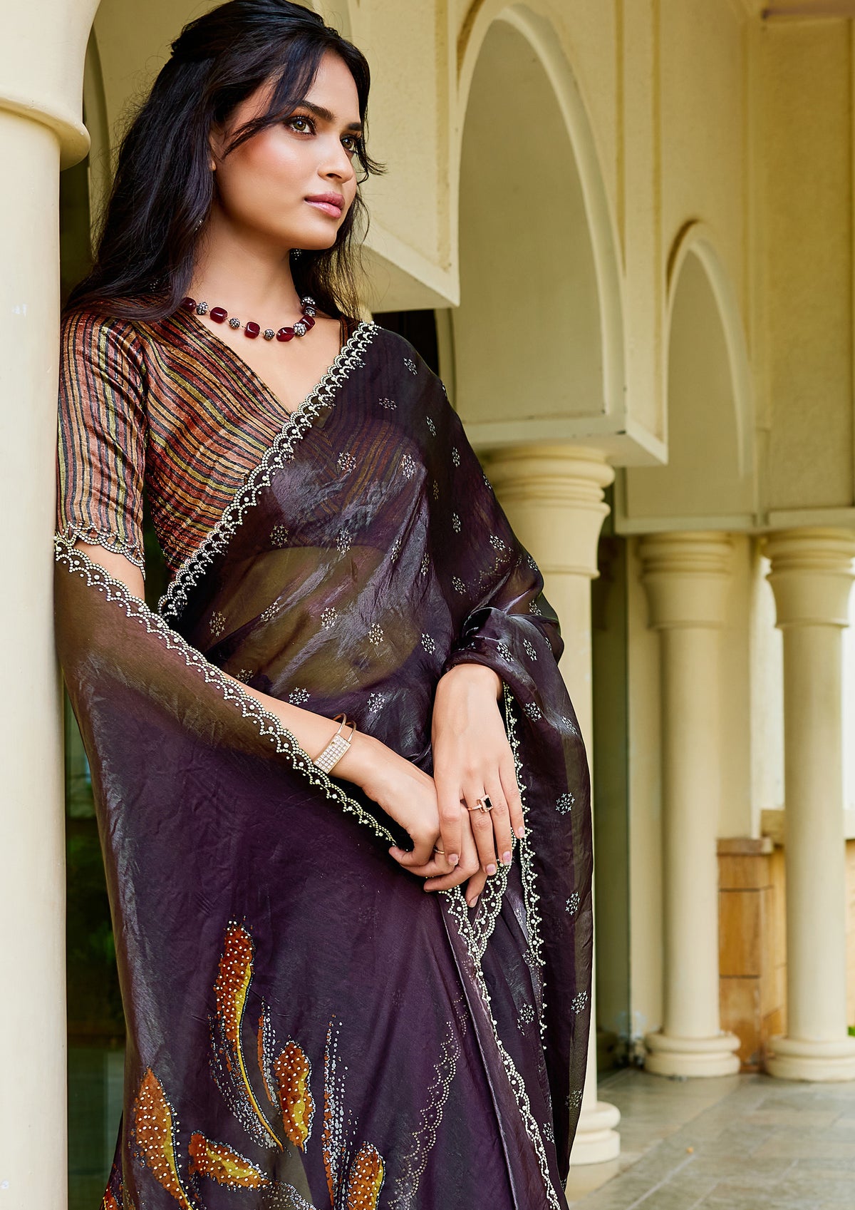 Deep Plum Embellished Satin Silk Saree