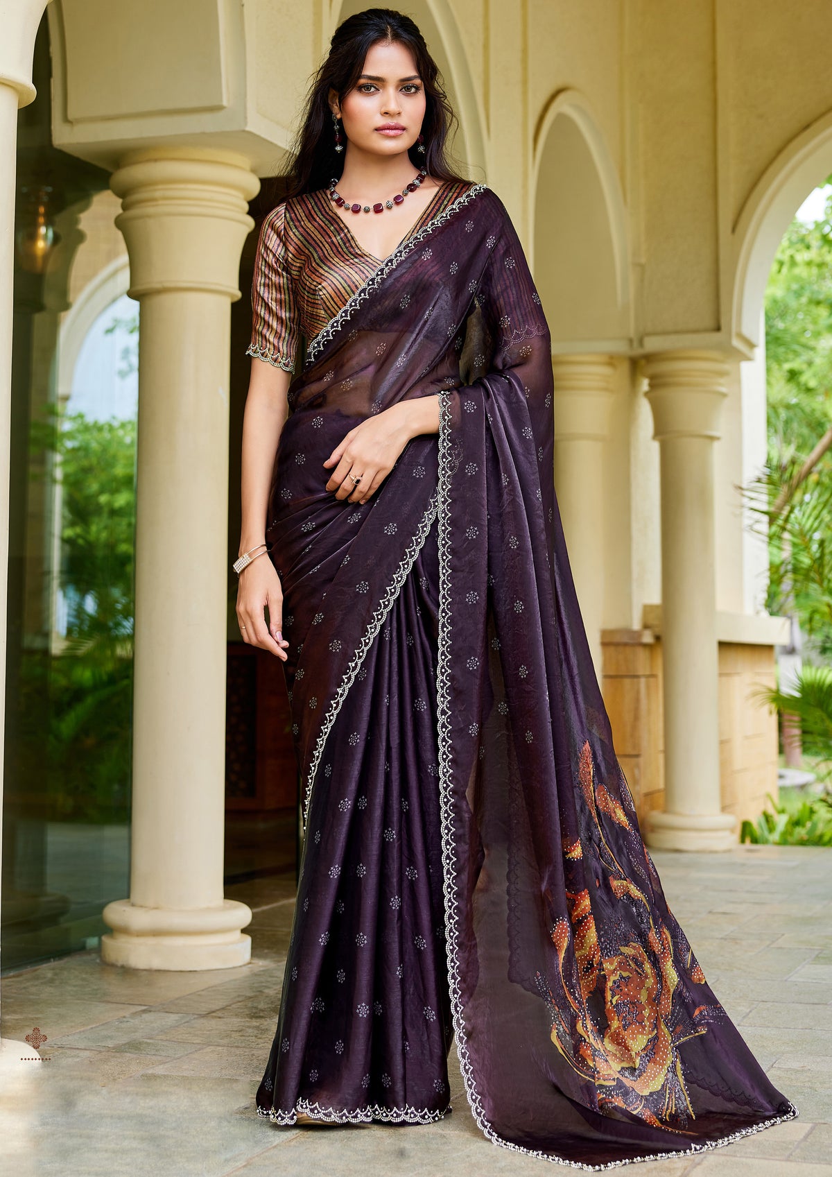 Deep Plum Embellished Satin Silk Saree