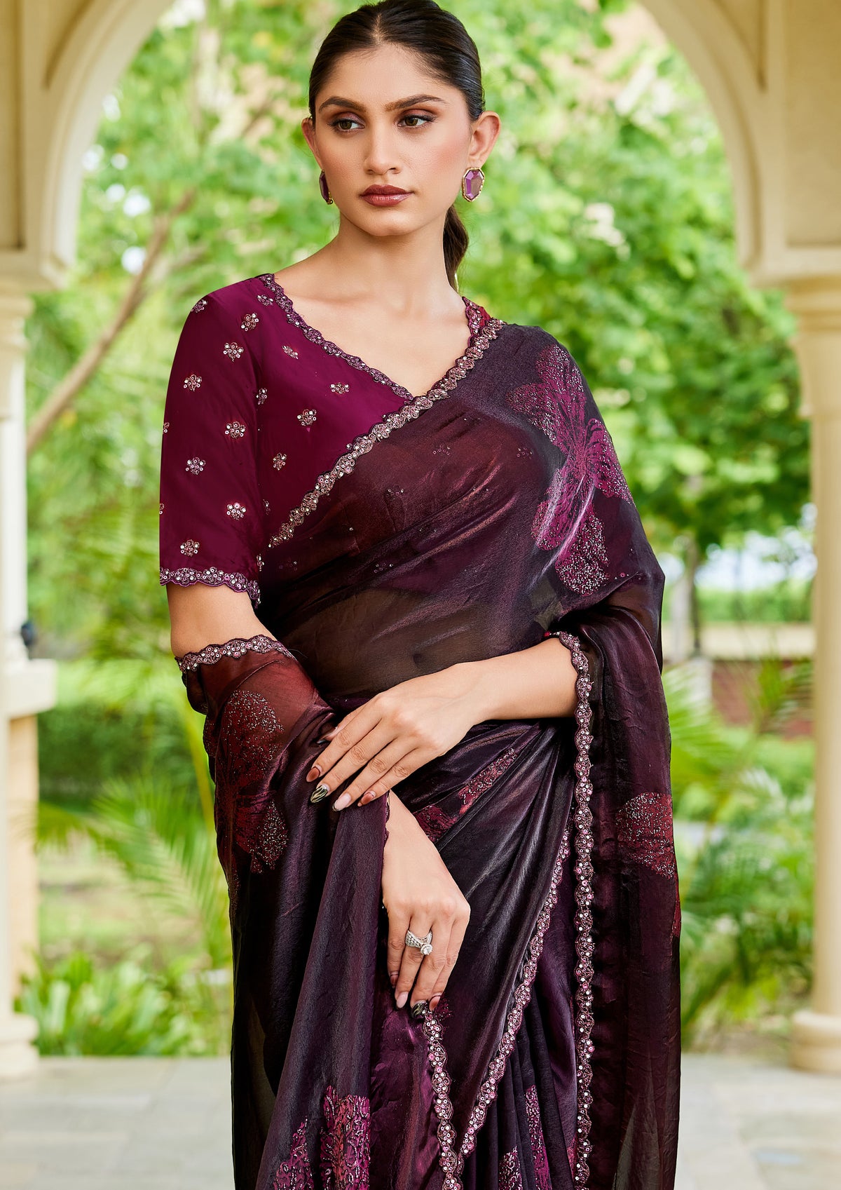 Wine Floral Printed Satin Silk Saree