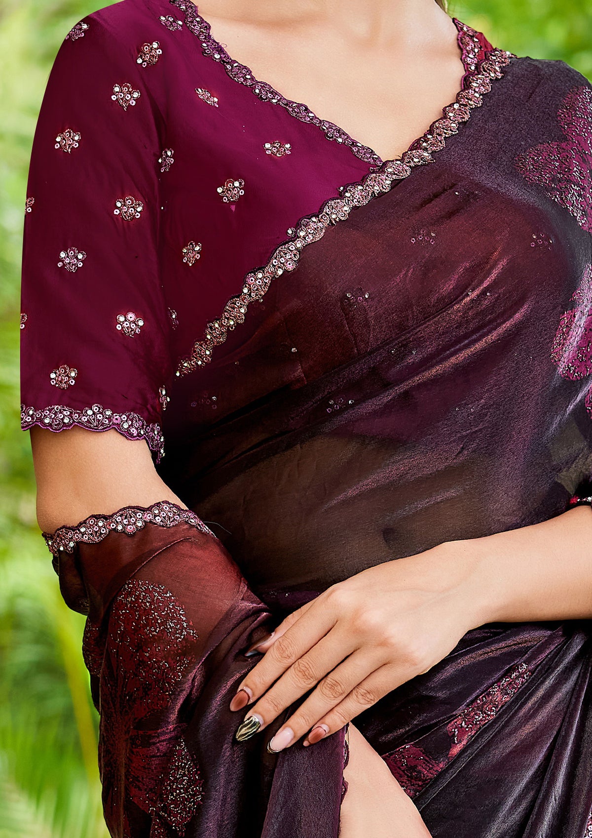 Wine Floral Printed Satin Silk Saree