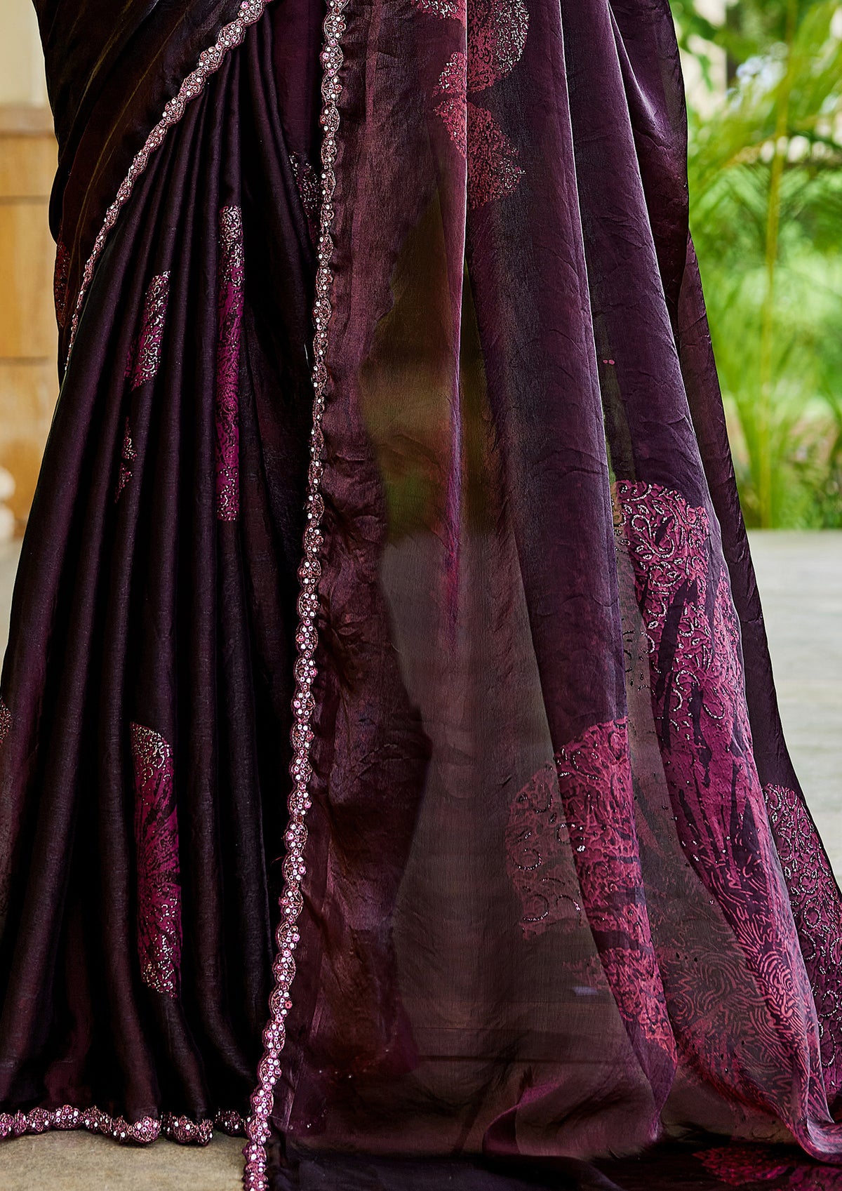 Wine Floral Printed Satin Silk Saree