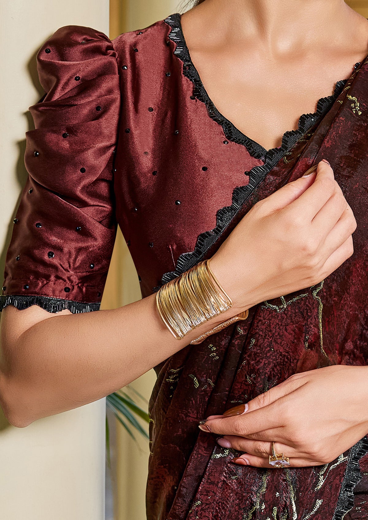 Maroon and Black Embellished Satin Silk Saree