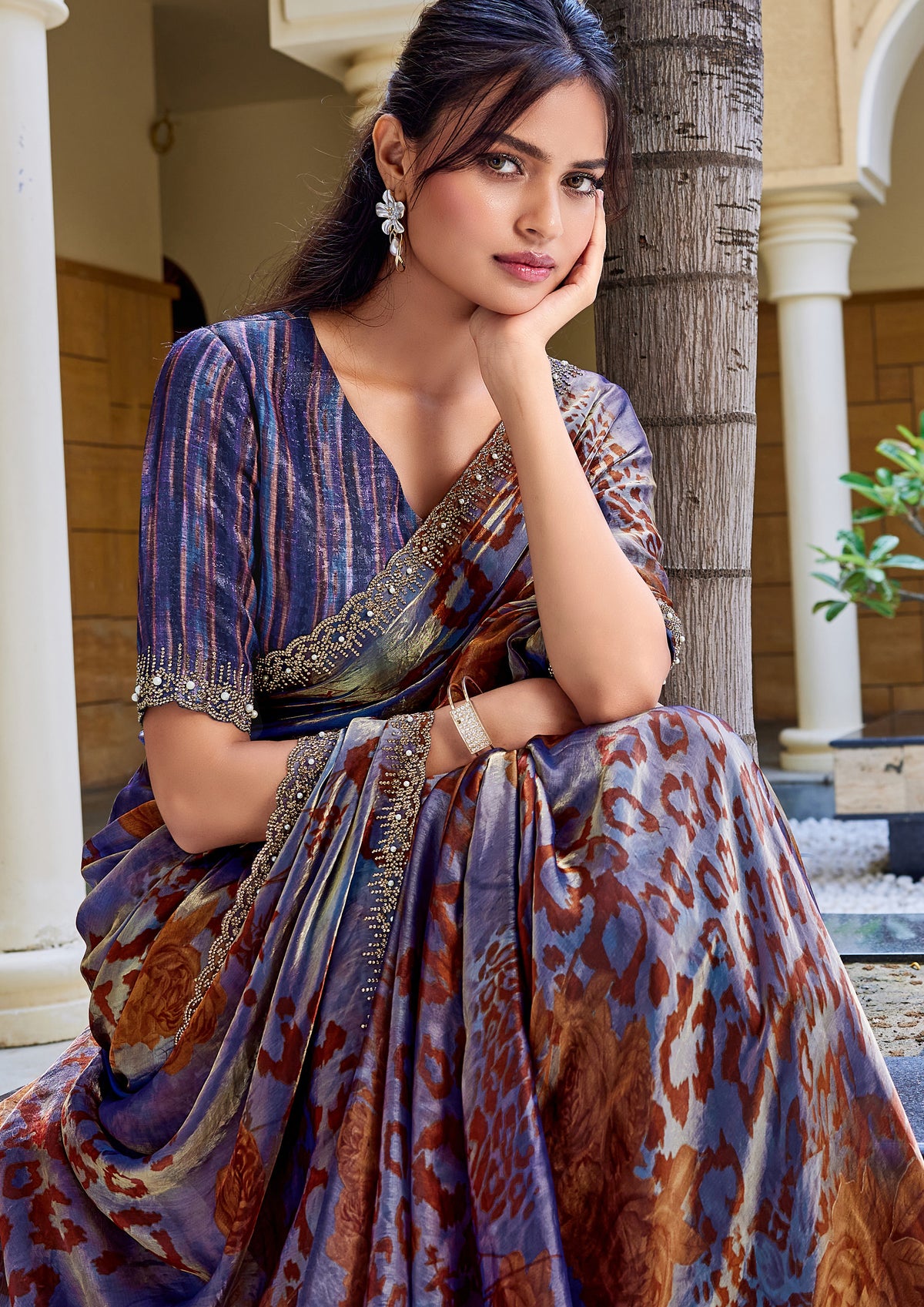 Blue Panther Printed Satin Silk Saree