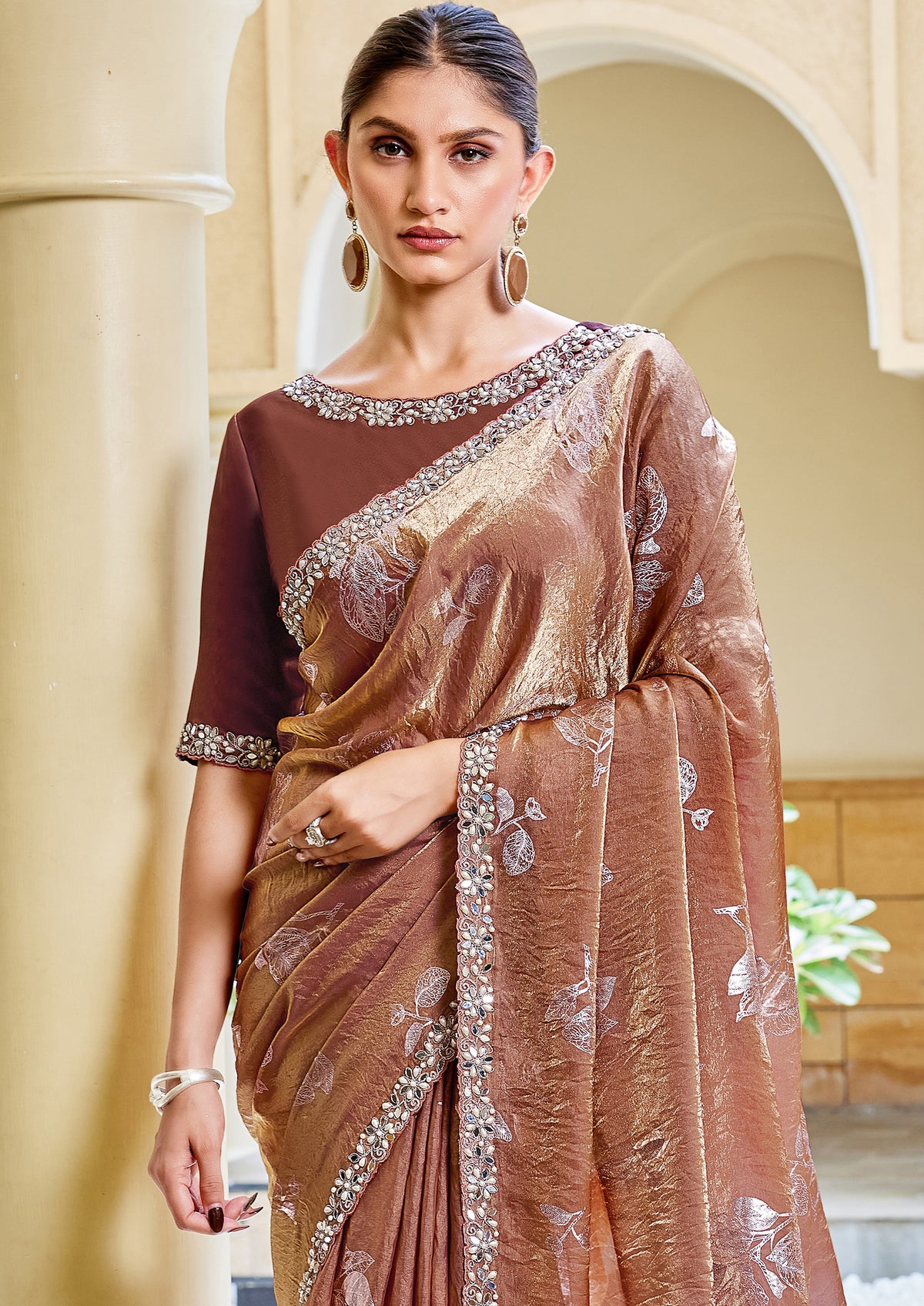 Light Brown Embellished Satin Silk Saree