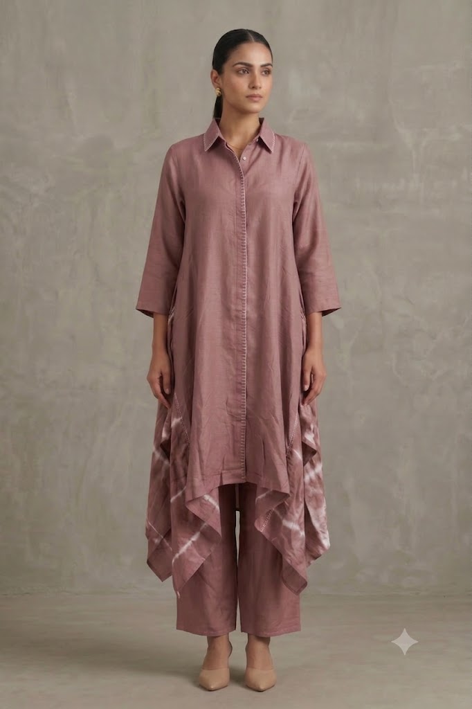Mist Mauve Leheriya Printed Raw Silk Kurta Set