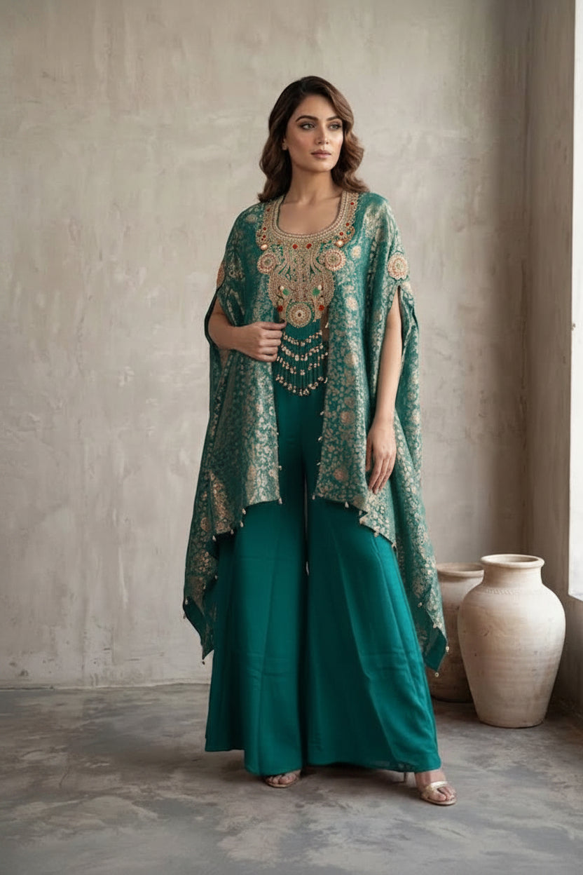 Teal Embellished Banarasi Brocade Silk Kaftan Set