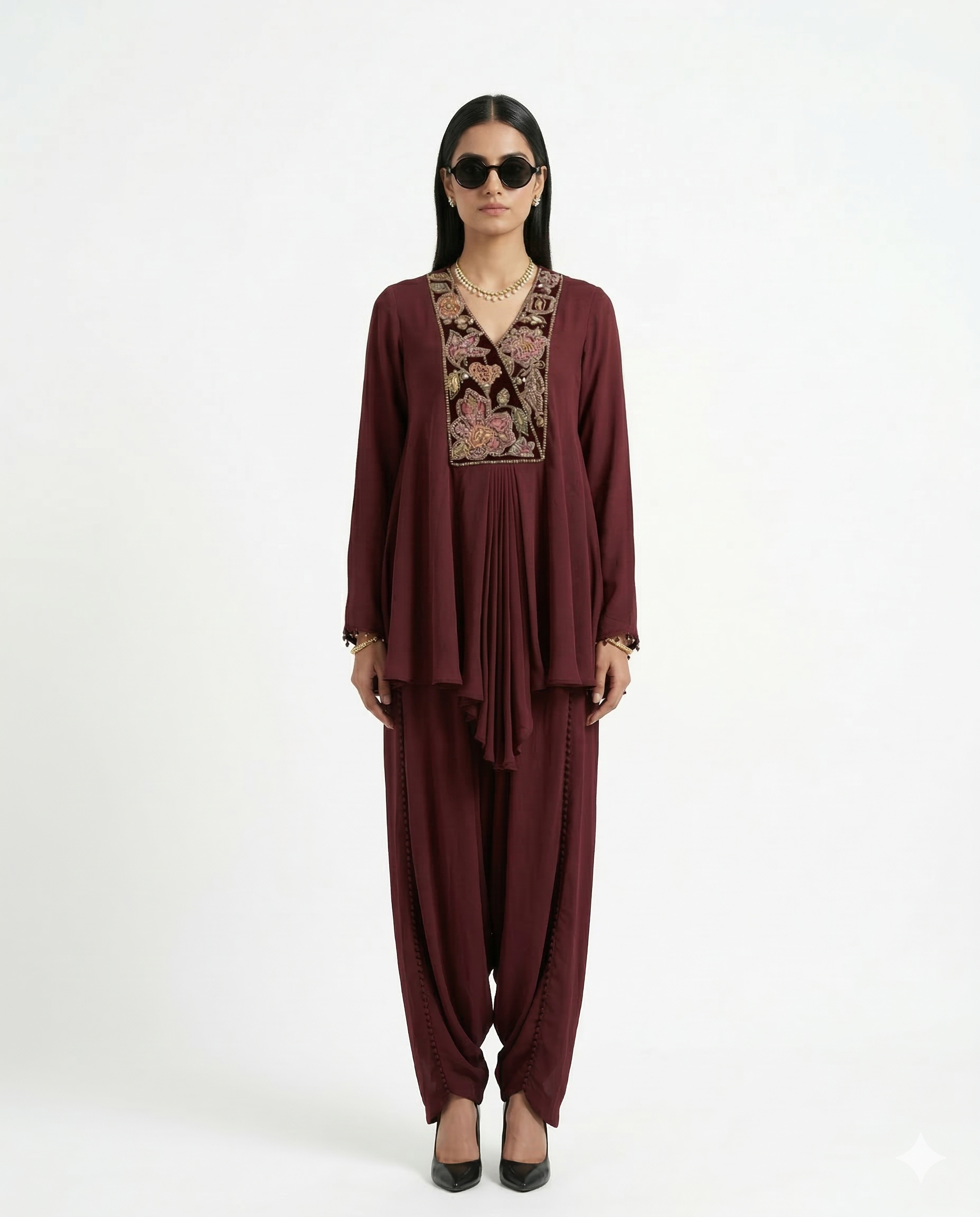 Crimson Bloom Embellished Satin Silk Co-Ord Set