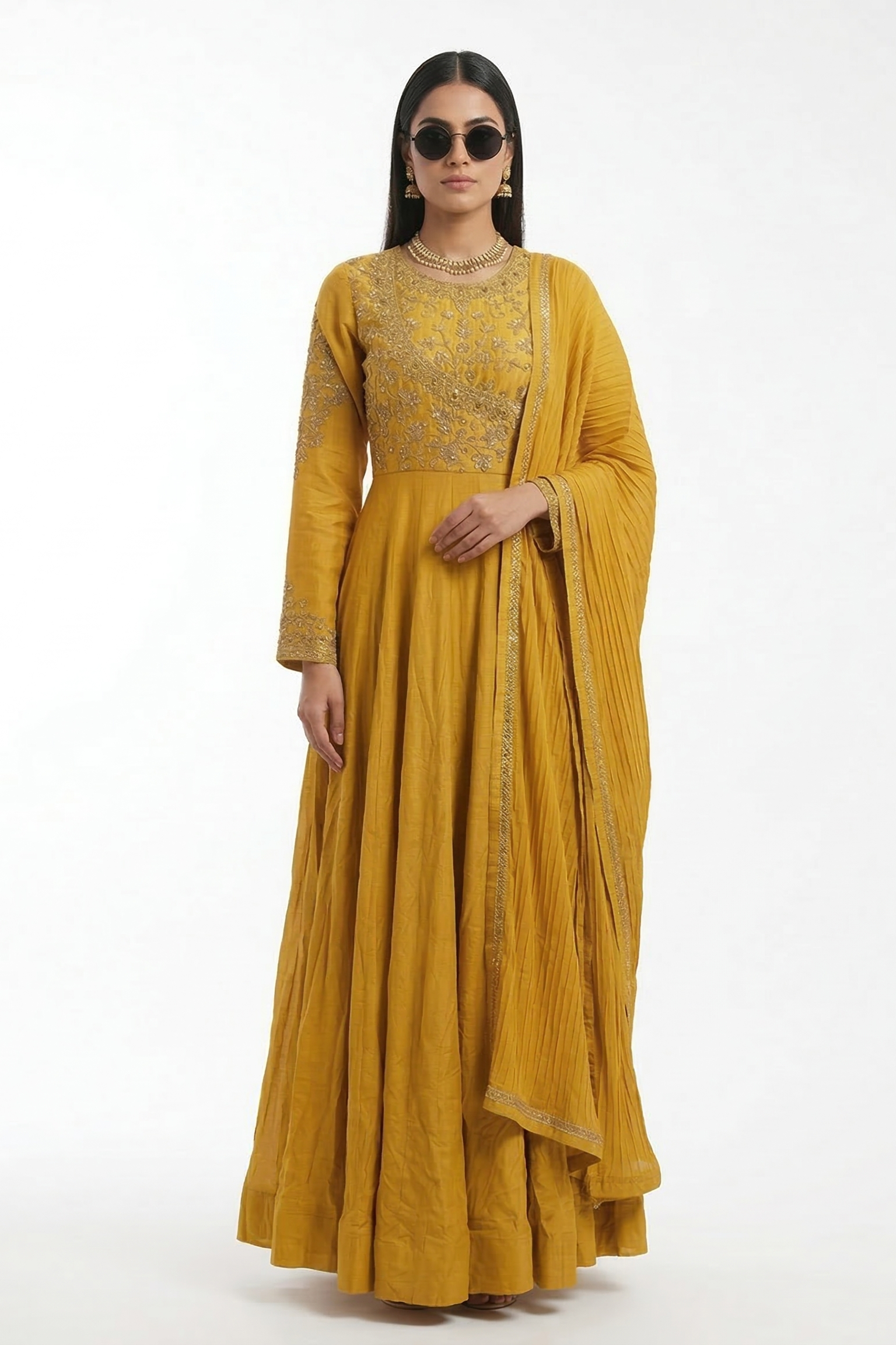 Mustard Meadow Embellished Raw Silk Anarkali Set