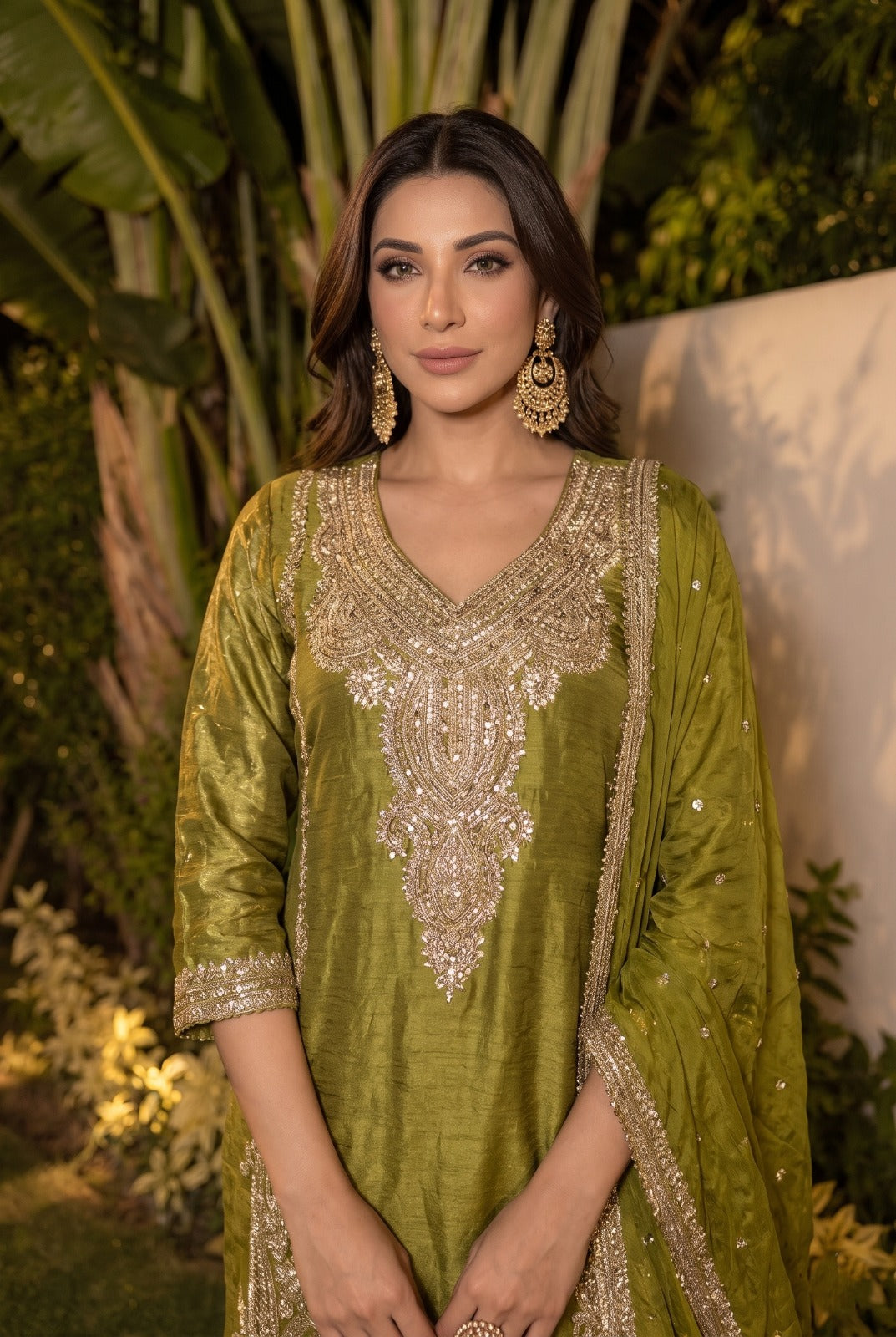 Mehendi Green Embellished Banarasi Brocade Silk Pant Set
