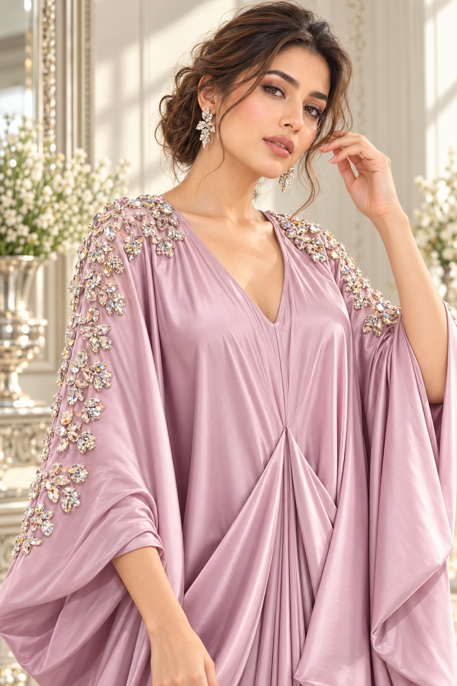 Lavender Crystal-Embellished Crepe Satin Kaftan Gown