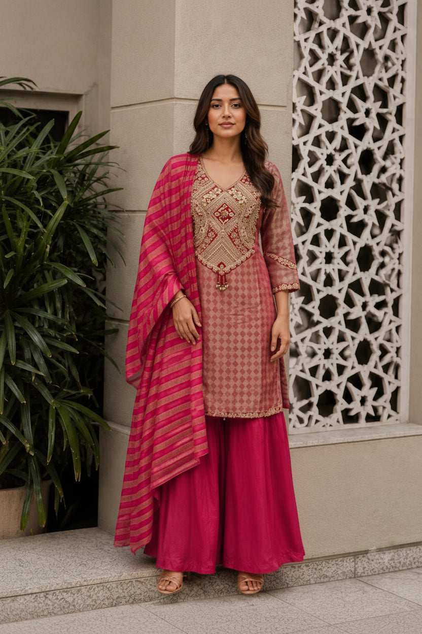 Rani Pink Embellished Shimmer Tissue Silk Palazzo Set
