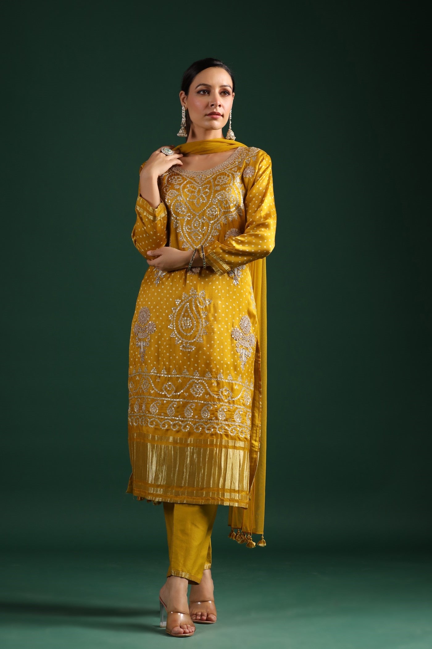 Mustard Bandhej Gajji Silk Kurta Set
