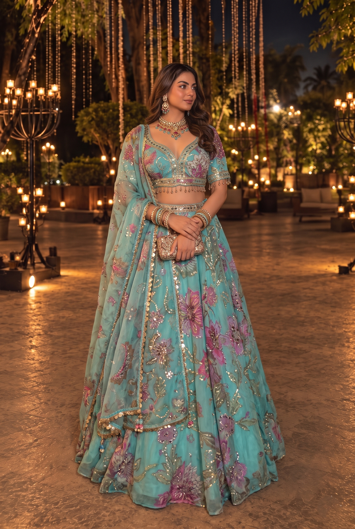 Sky Aqua Embellished Organza Silk Lehenga Set