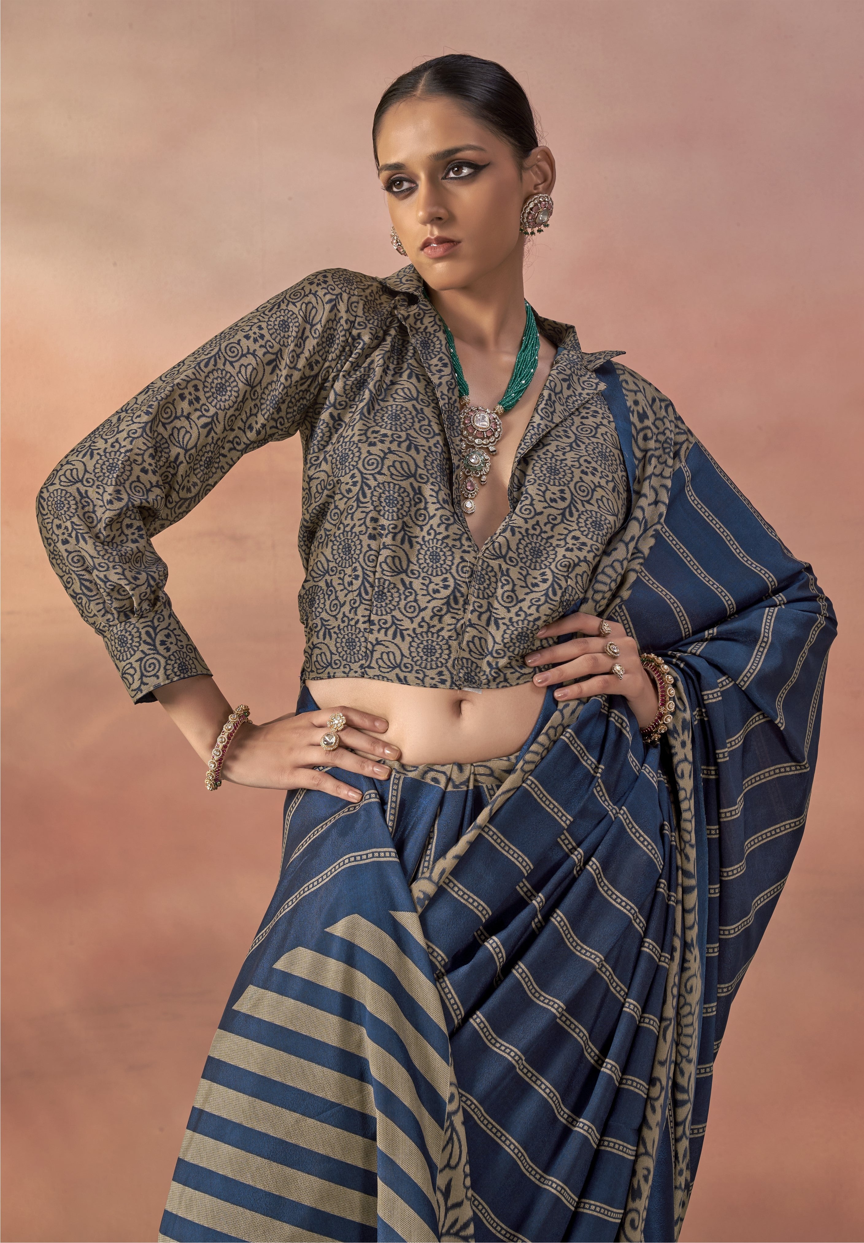 Peacock Blue Printed Crepe Silk Saree