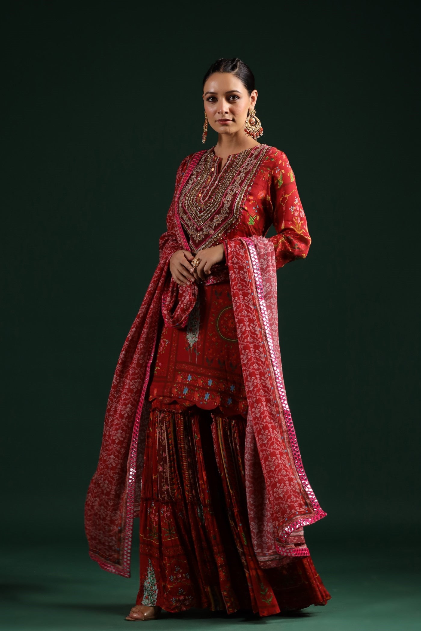 Ruby Red Wrinkled Chinon Silk Printed Sharara Set