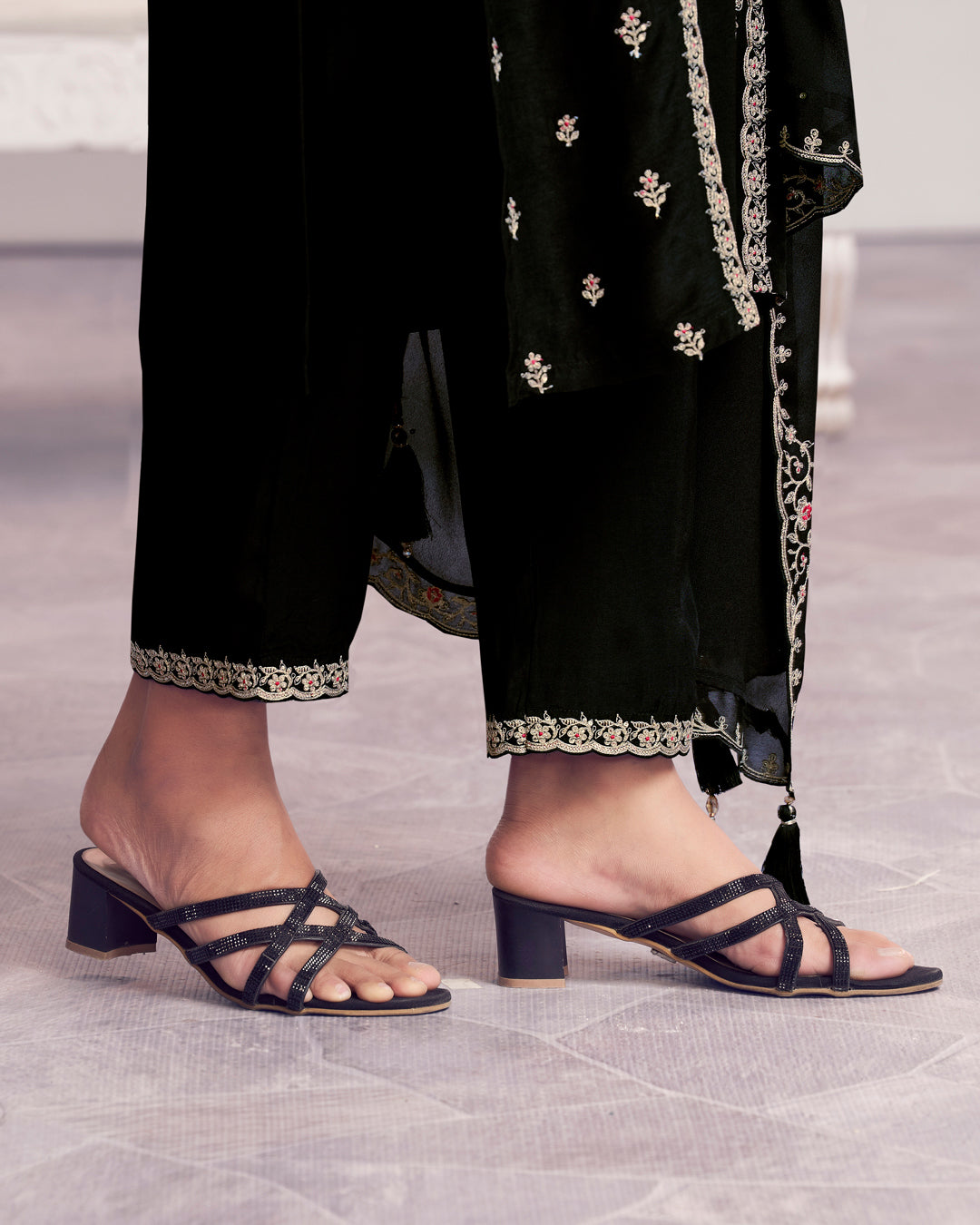 Obsidian Charm Embellished Dola Silk Pant Set