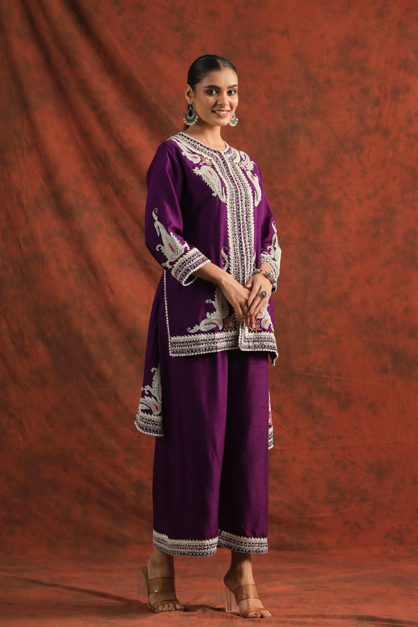 Purple Embroidered Dola Silk Tunic with Palazzo