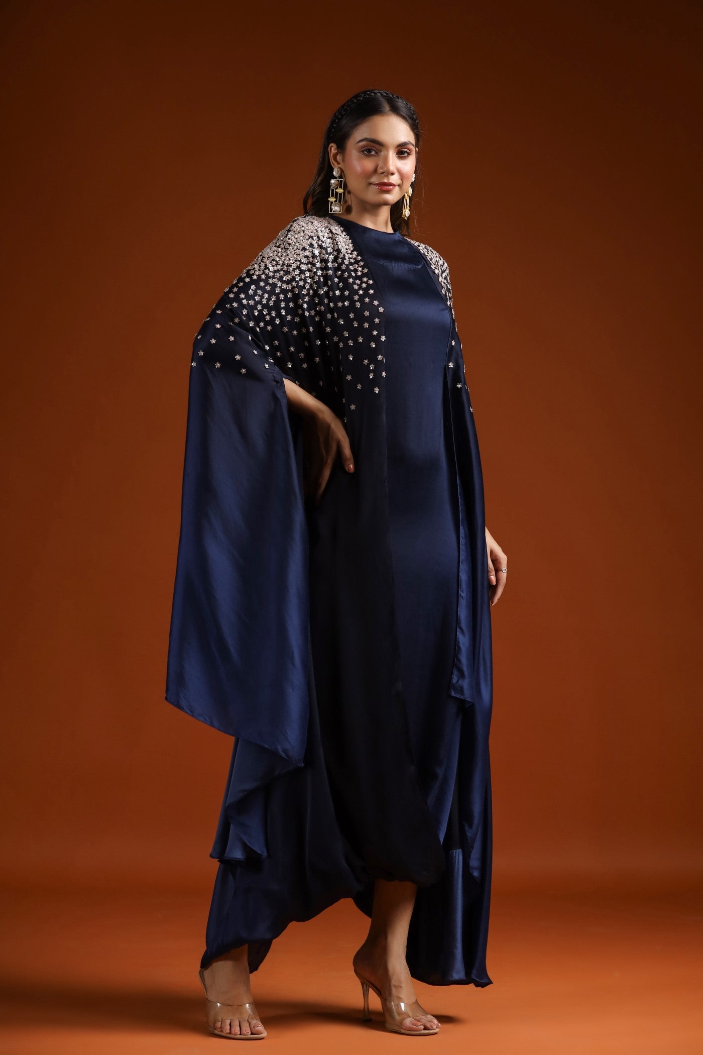 Navy Blue Embellished Draped Gown