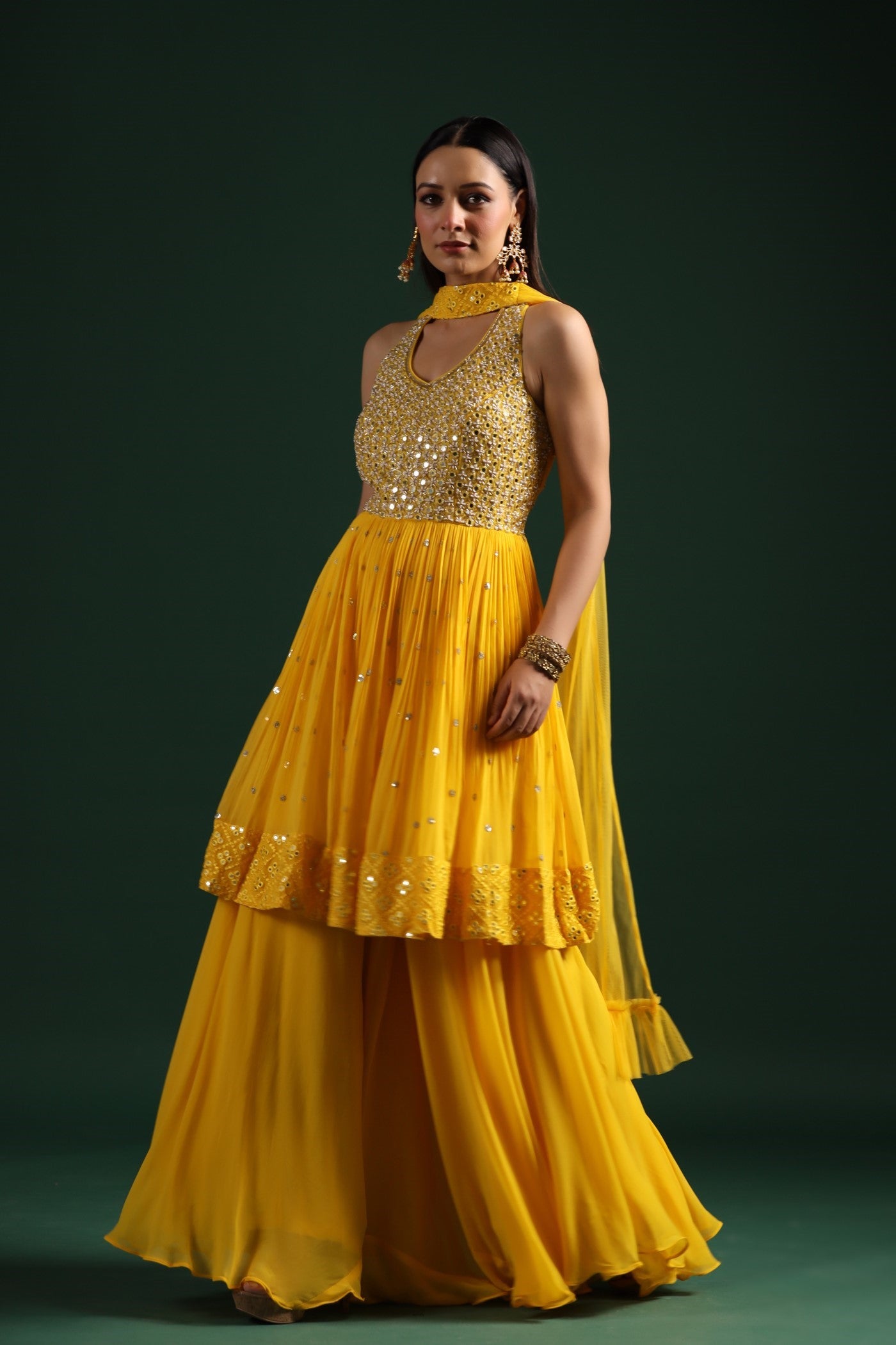 Festive Yellow Mirror Embroidered Peplum Set