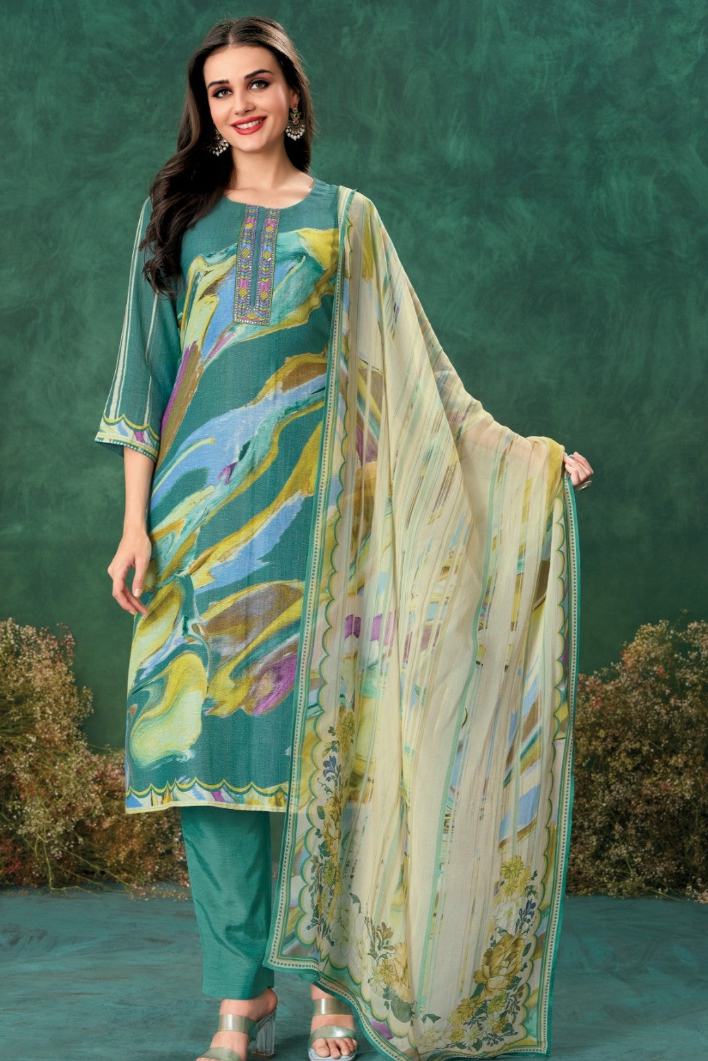 Multi Green Graphic Printed Linen Silk Pant Set