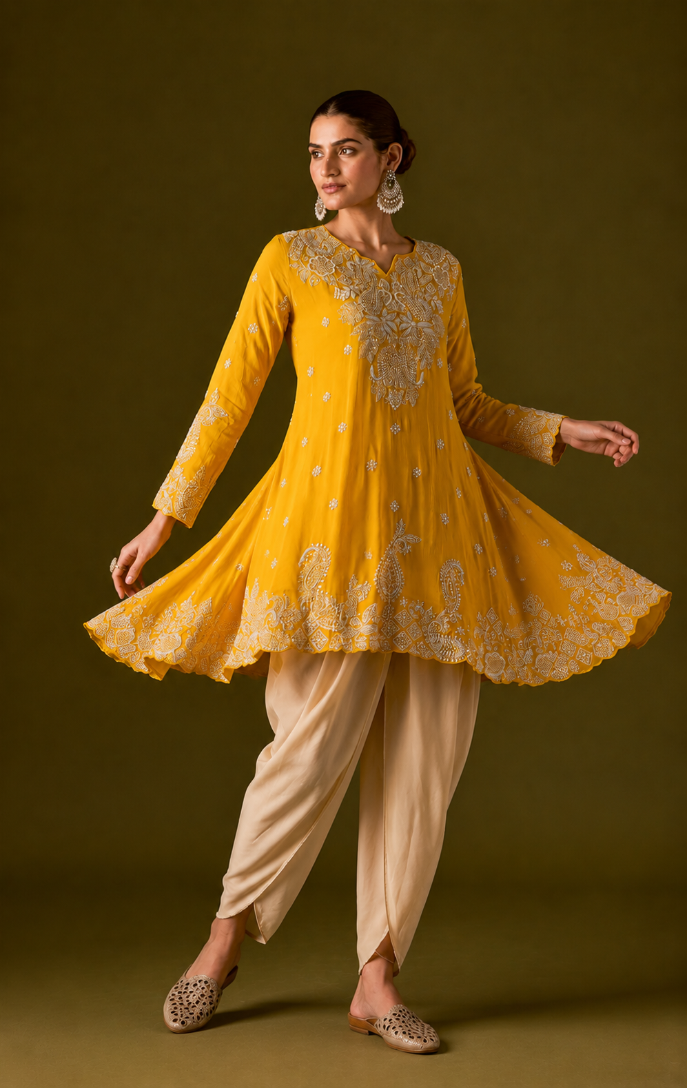 Saffron Yellow Embellished Chinon Silk Dhoti Set