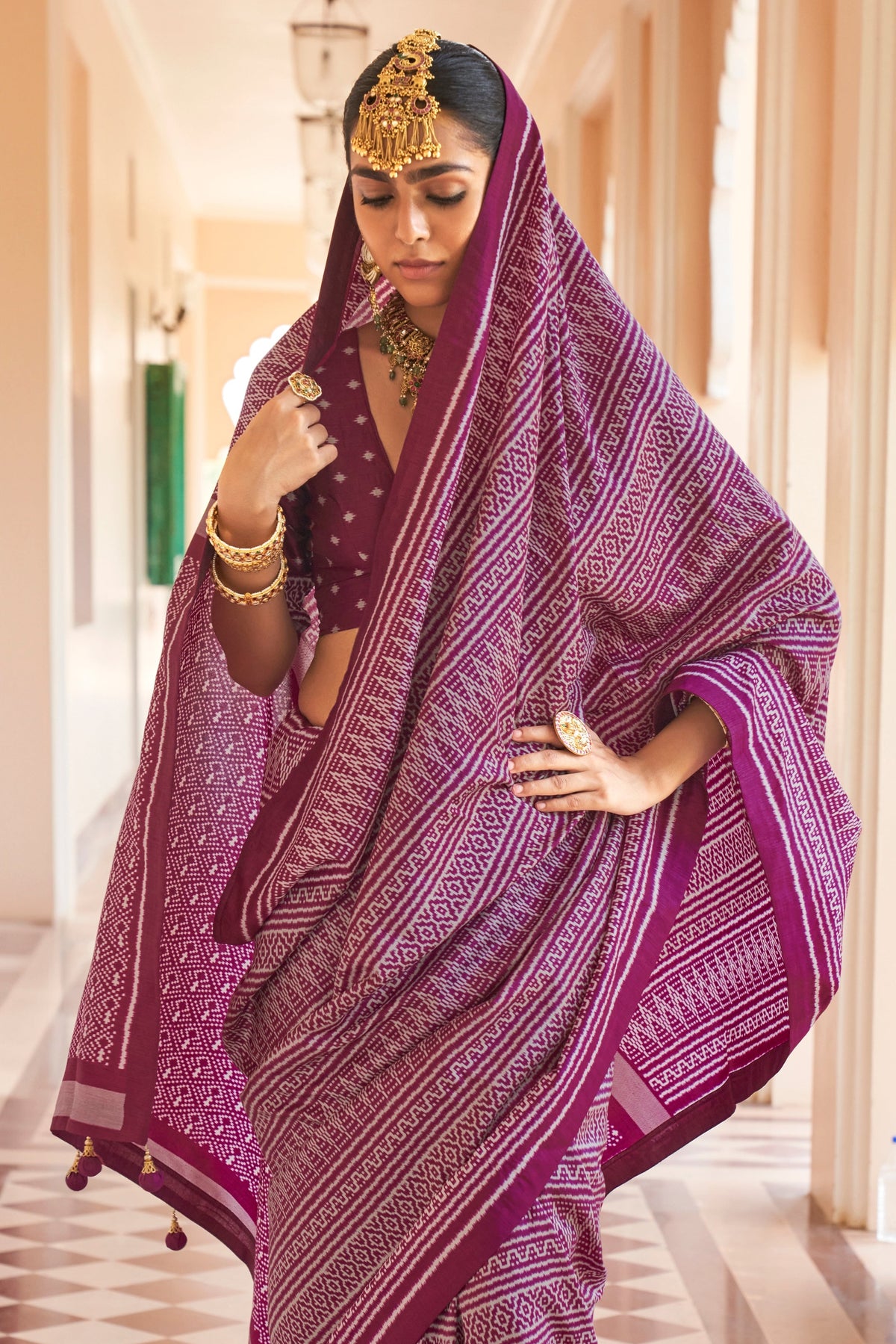 Deep Plum Purple Printed Premium Silk Saree