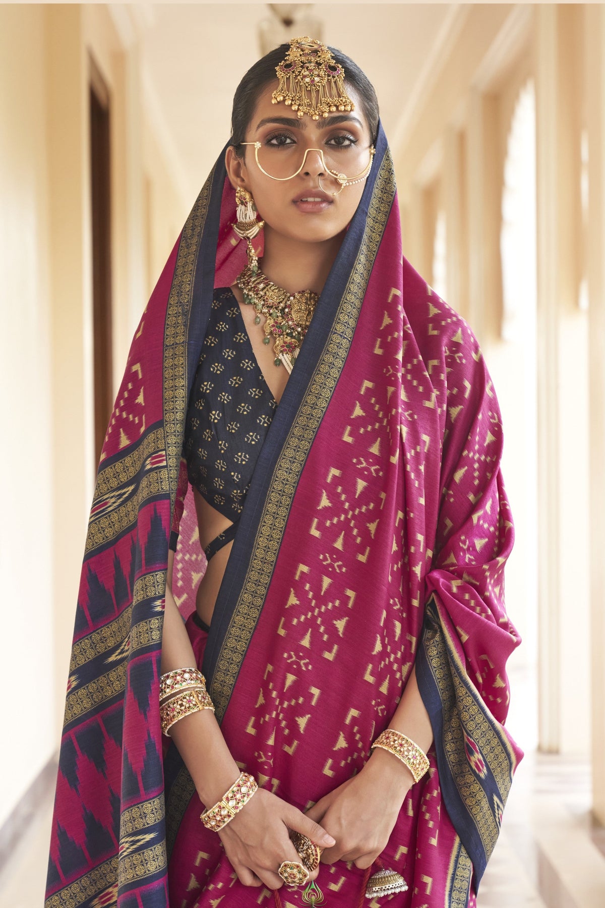 Vibrant Magenta Pink Printed Premium Silk Saree