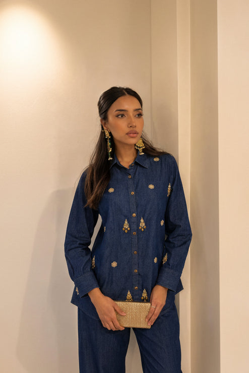 Capri Blue Embellished Denim Co-Ord Set