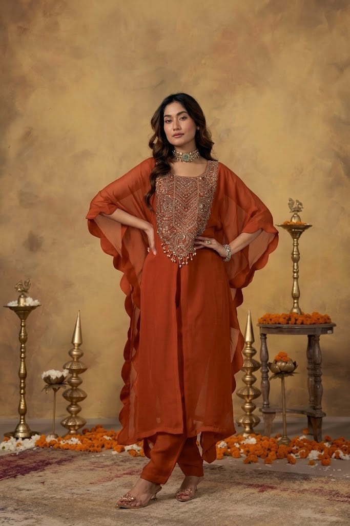 Rust Red Embellished Organza Silk Kaftan Set