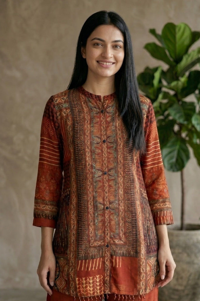 Rust Brown Printed Crepe Silk Co-Ord Set