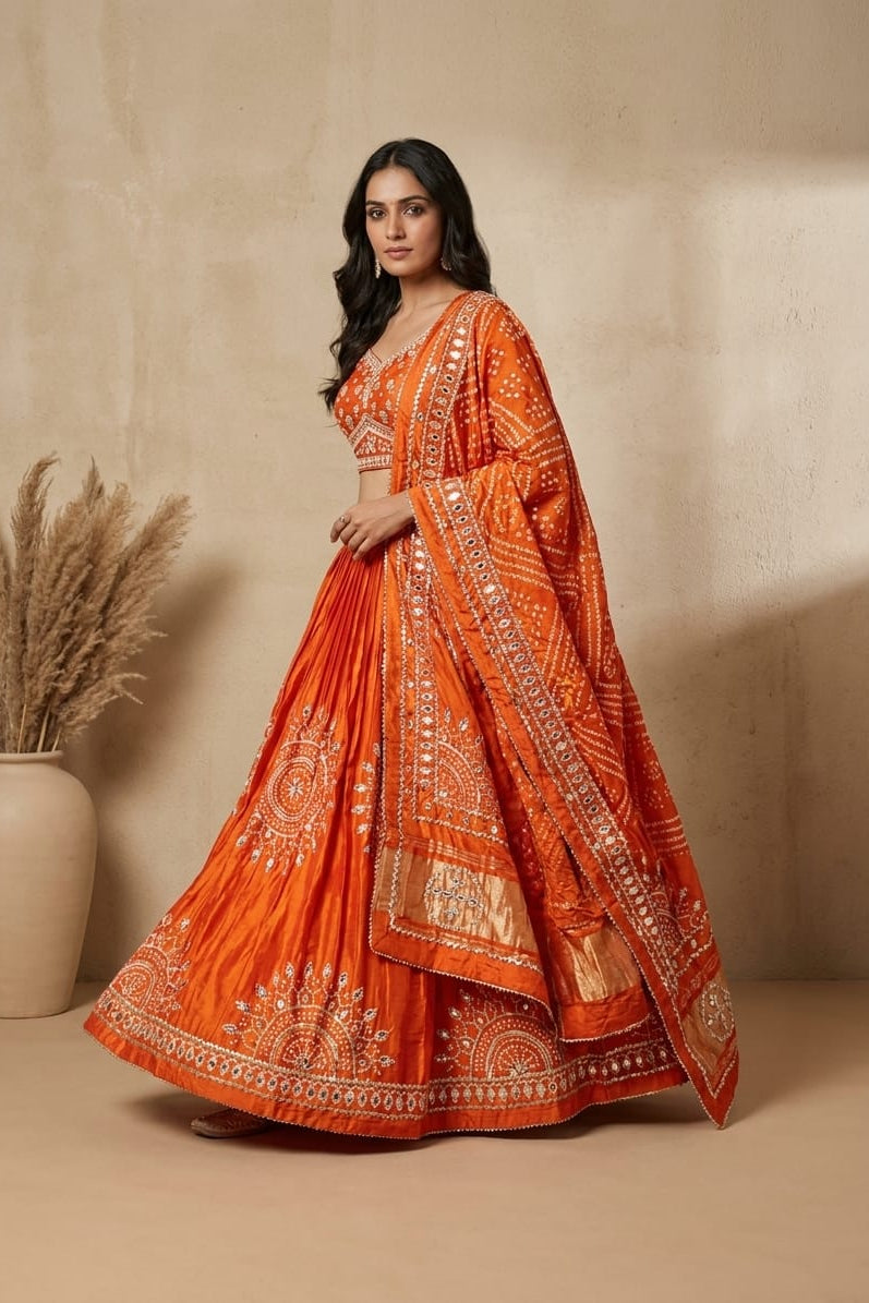 Tangerine Embellished Premium Silk Lehenga Set