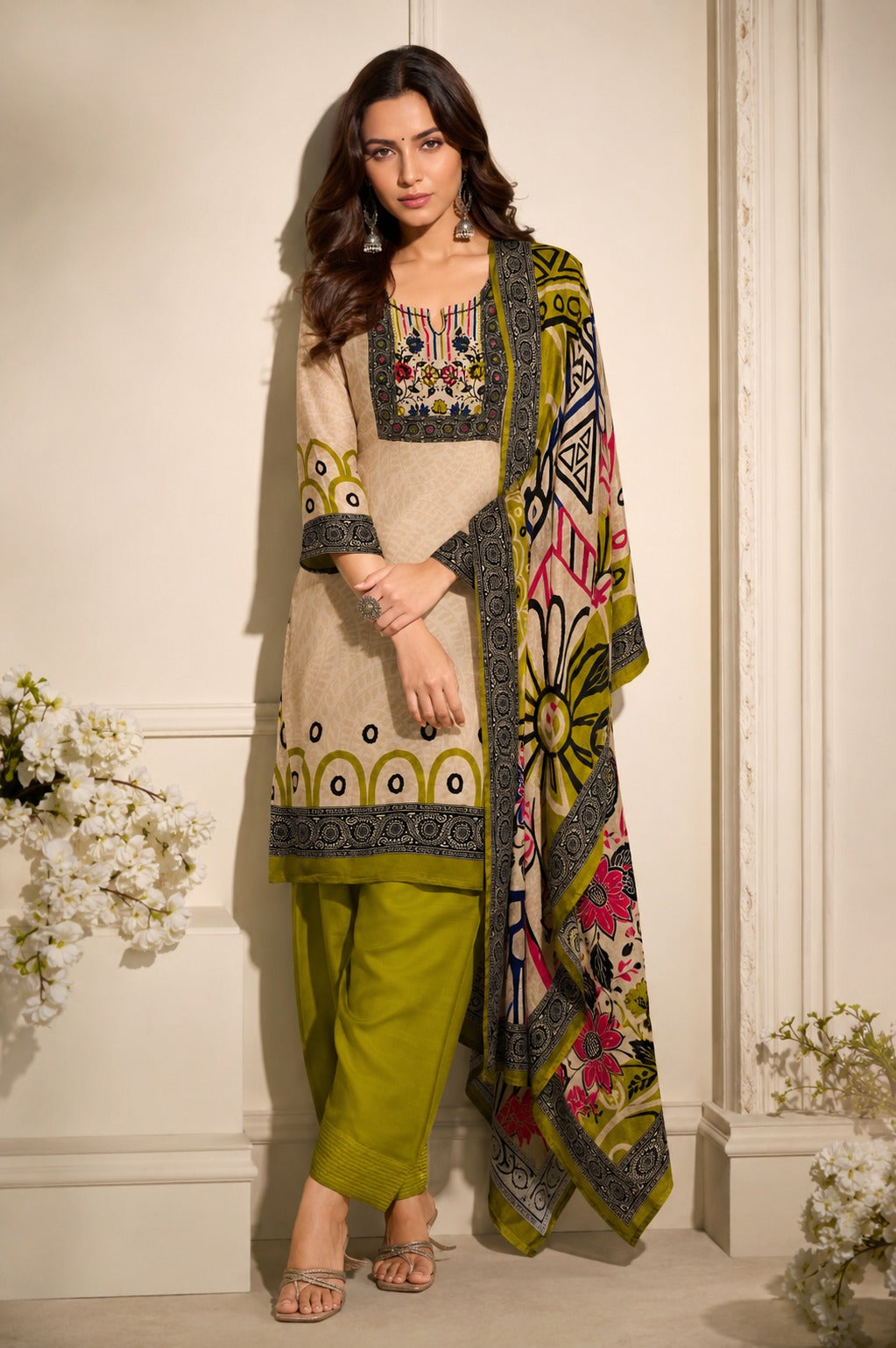 Beige Green Printed Crepe Silk Farshi Salwar Set