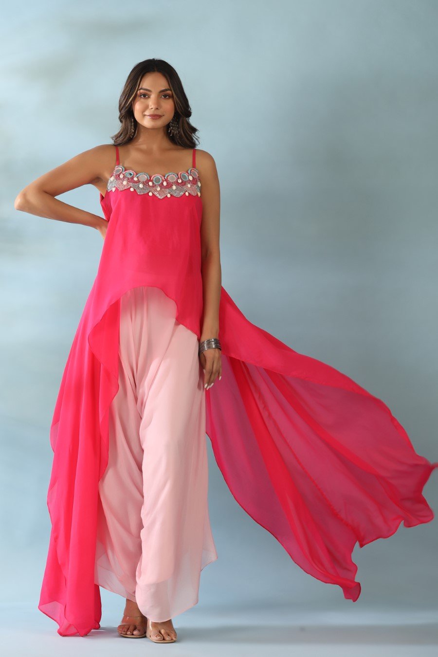 Pink Embroidered Asymmetrical Tunic With Dhoti Pants