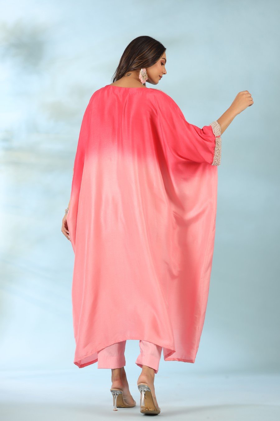 Pink Ombre Pearl Embroidered Kaftan With Pants