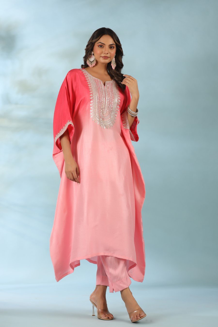 Pink Ombre Embroidered Kaftan With Pants