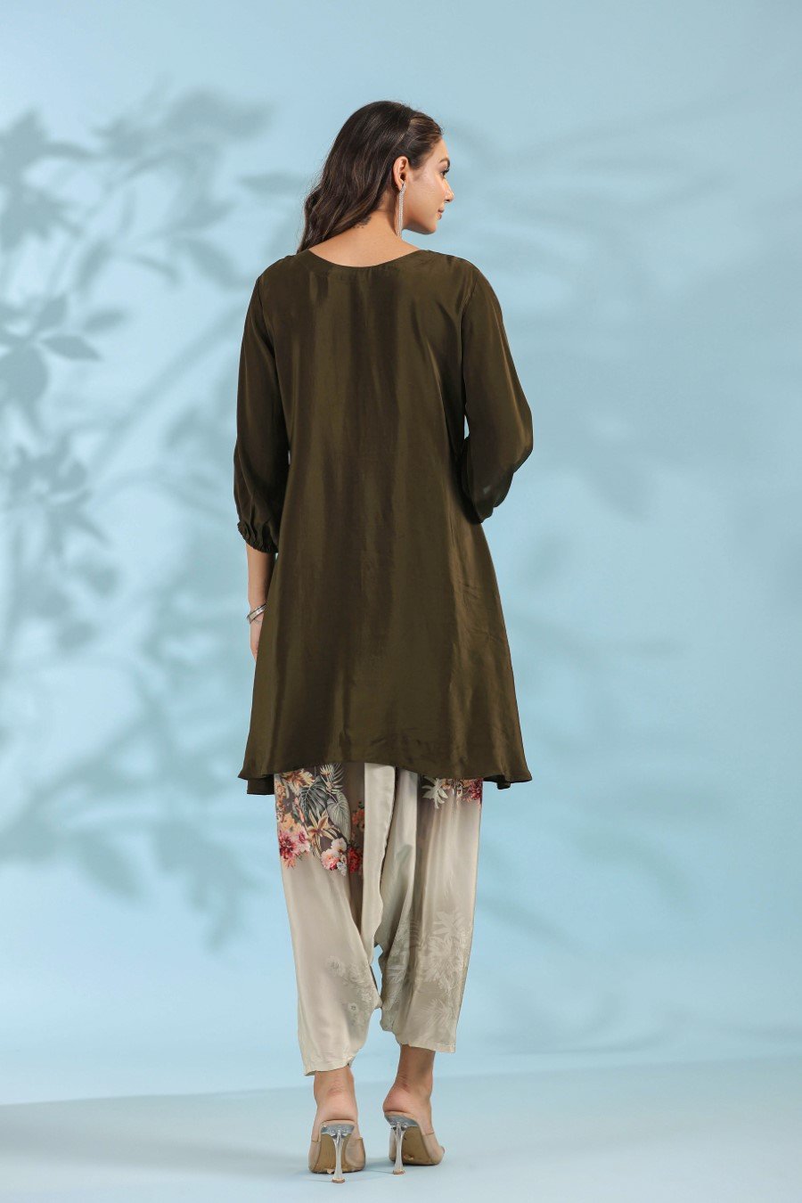 Deep Green Floral Crepe Silk Kurta with Dhoti Pants