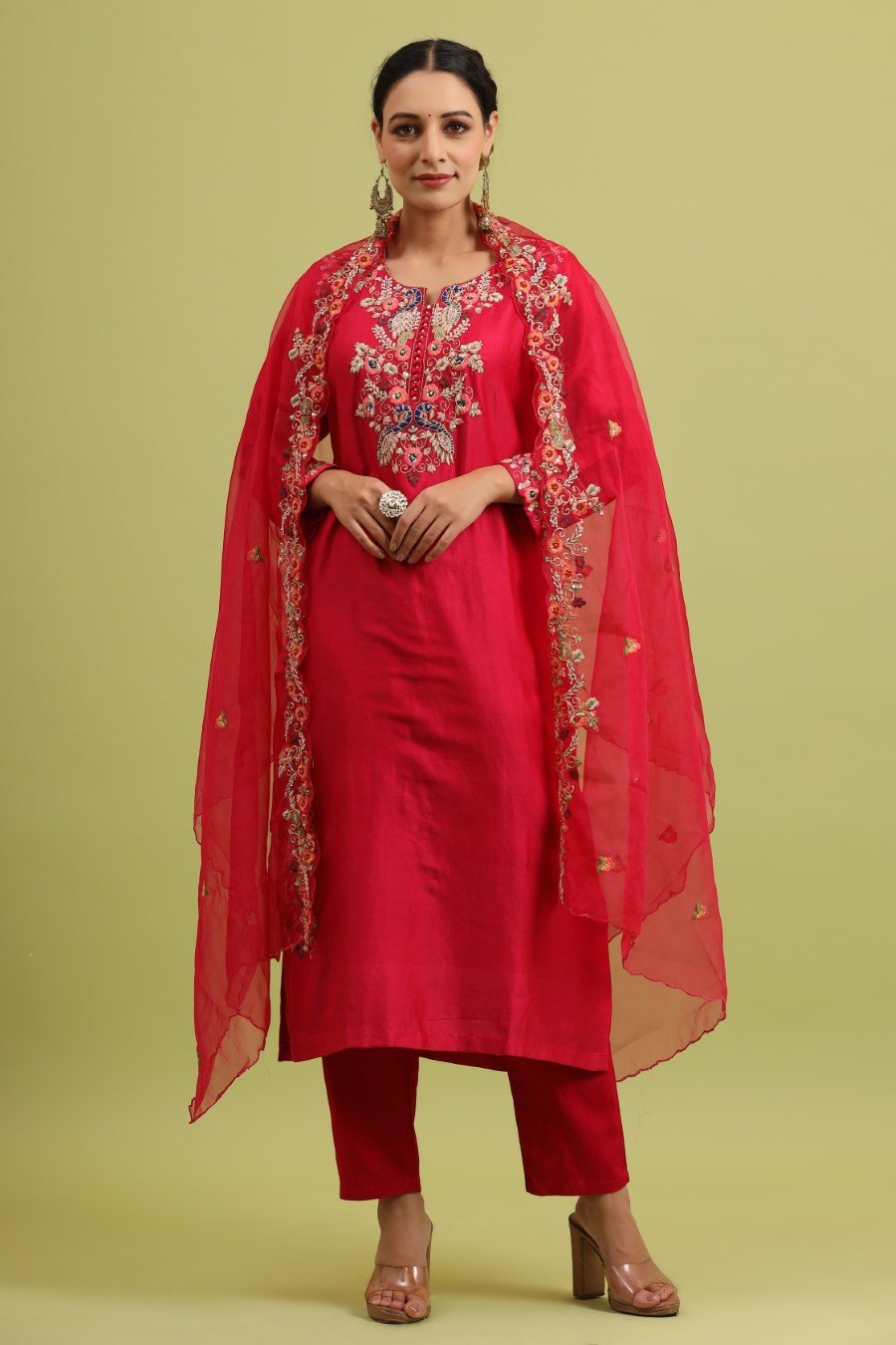 Fuschia Pink Modal Chanderi Embroidered Kurta Set