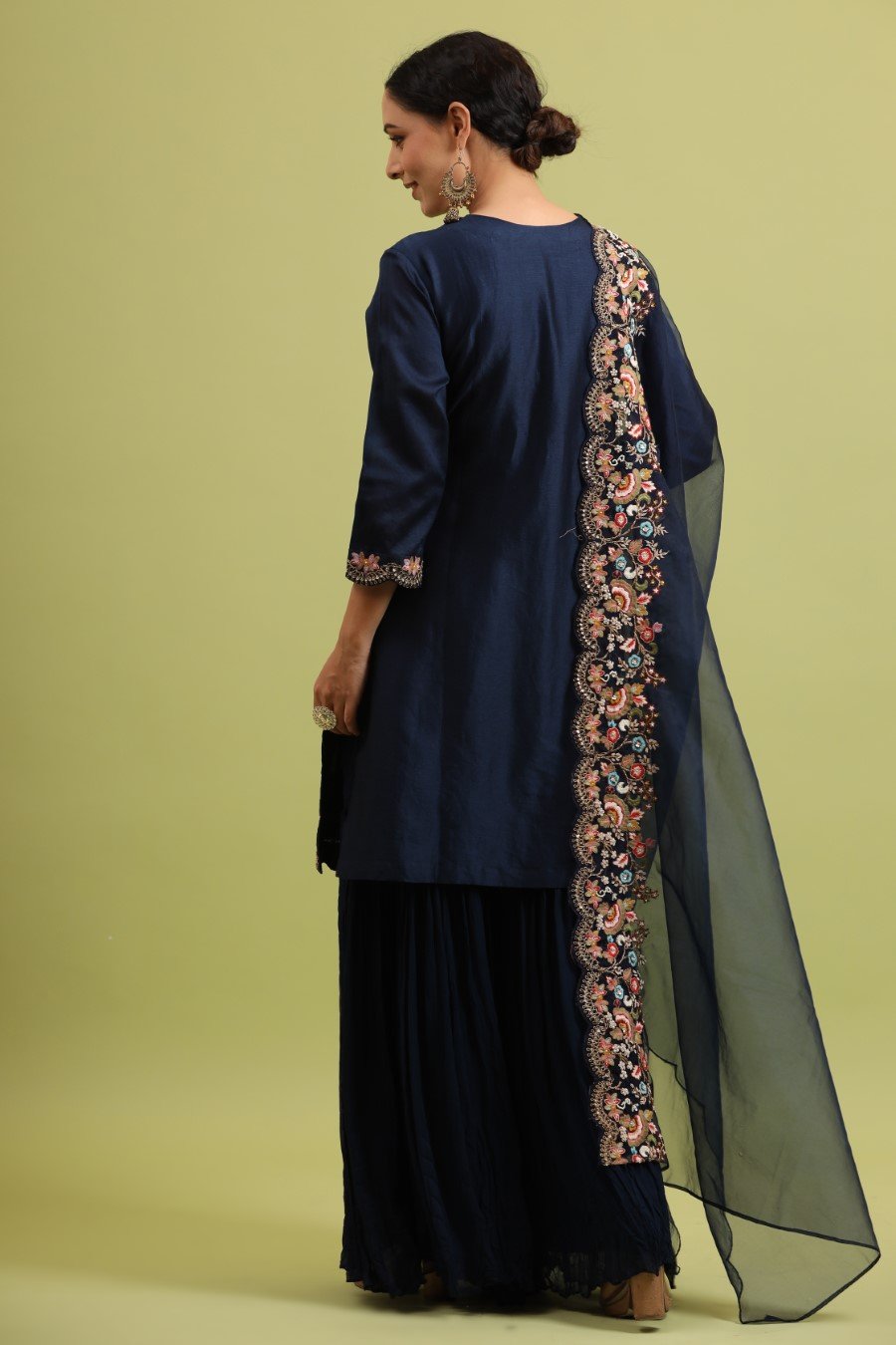 Navy Blue Modal Chanderi Embroidered Sharara Set