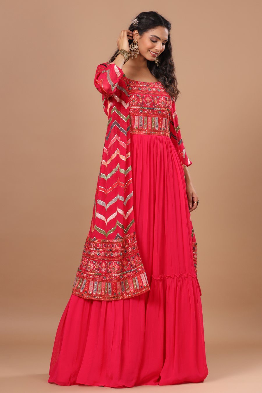 Alluring Rani Pink Resham Embroidered Dress with Cape