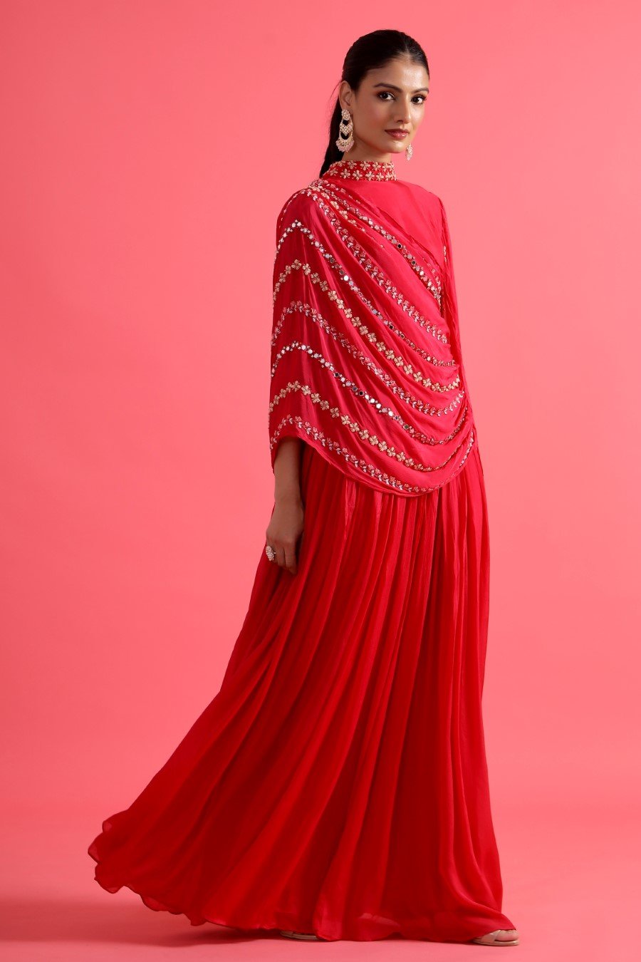 Reddish Pink Embellished & Draped Chinon Silk Gown
