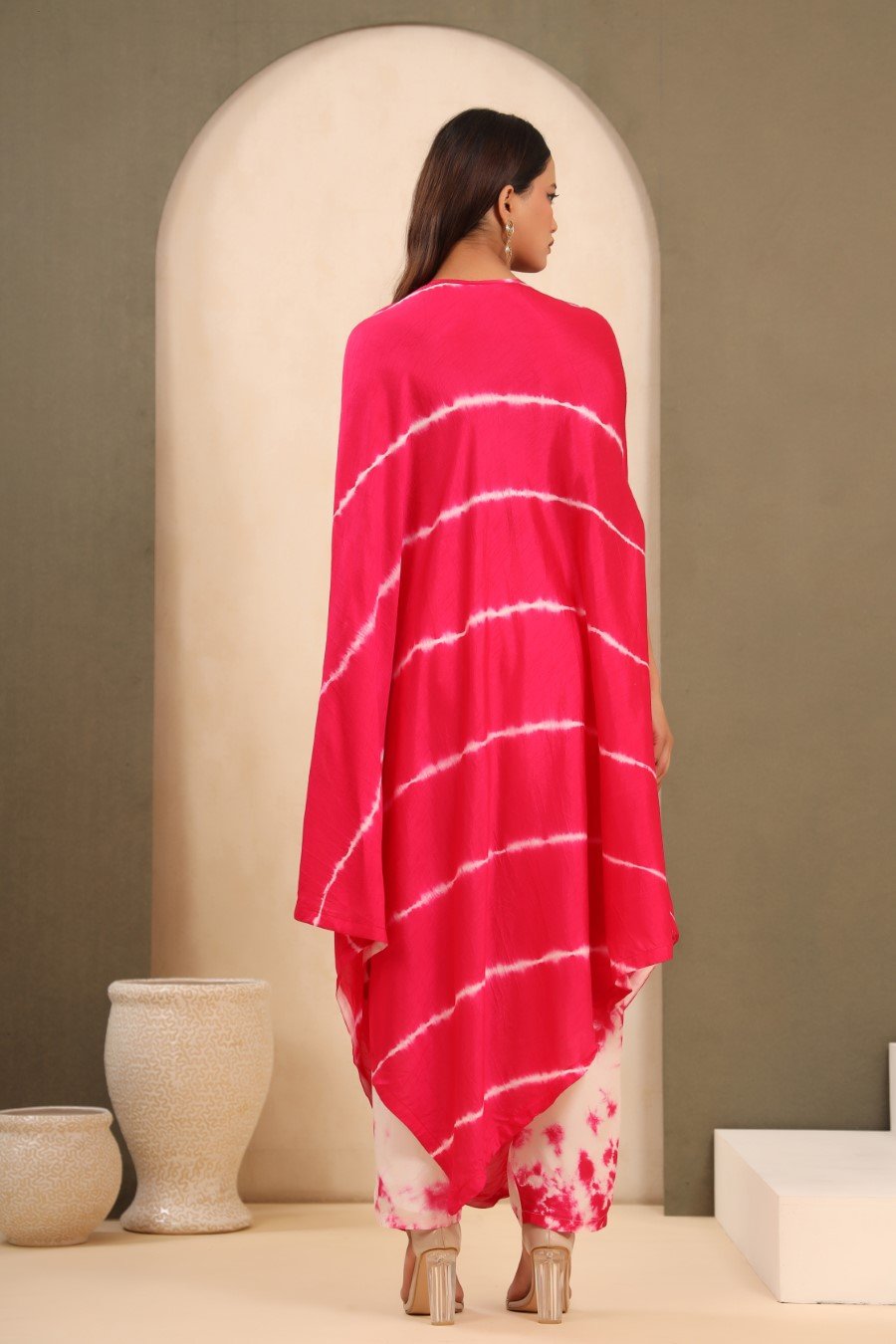 Hot Pink Leheriya Tie-Dyed Kaftan with Pants