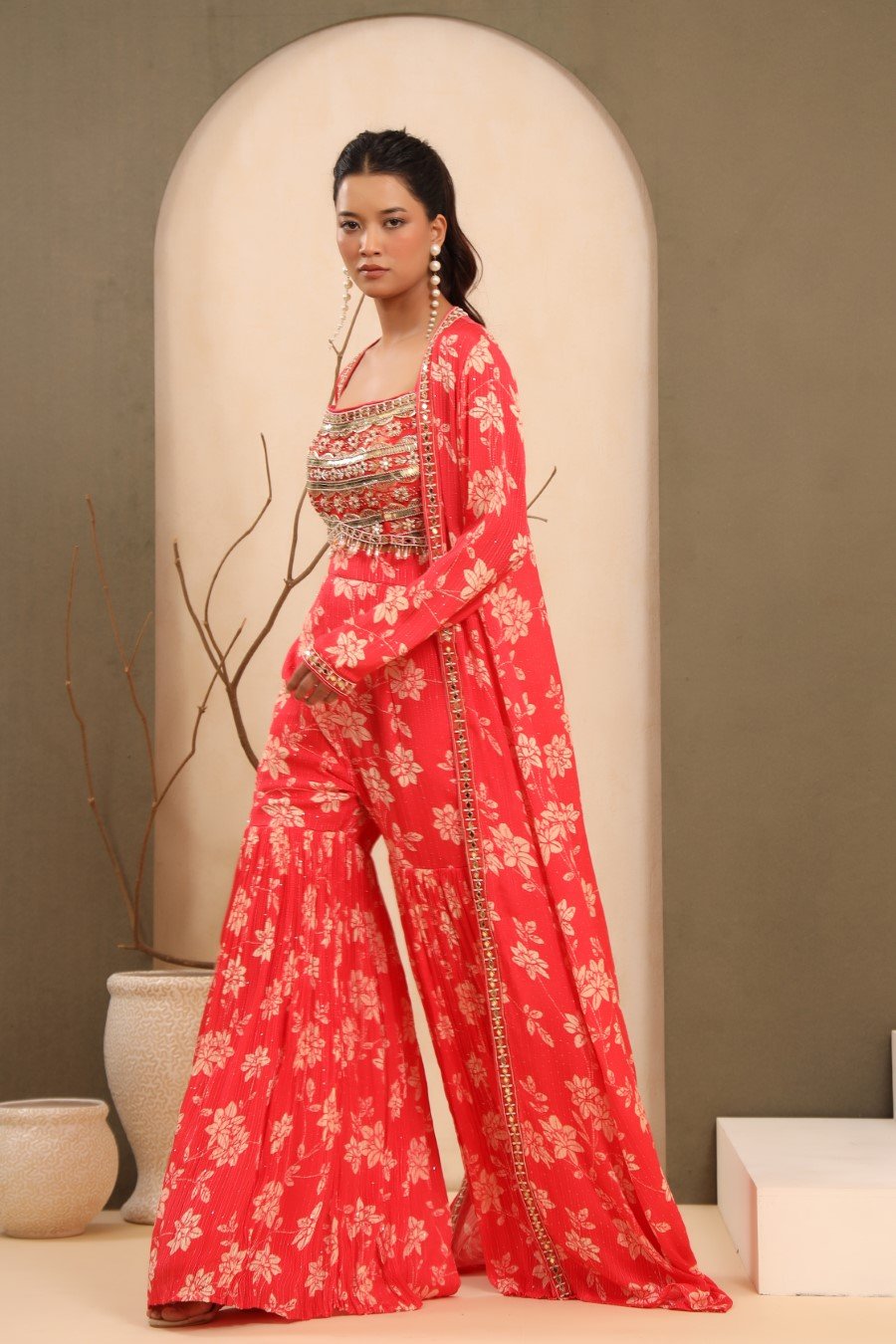 Bright Pink Embellished & Printed Sharara with Cape
