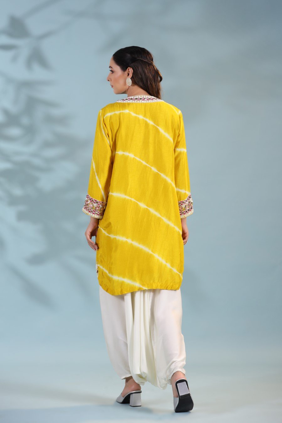 Festive Yellow Leheriya Embroidered Kurta with Harem Pants
