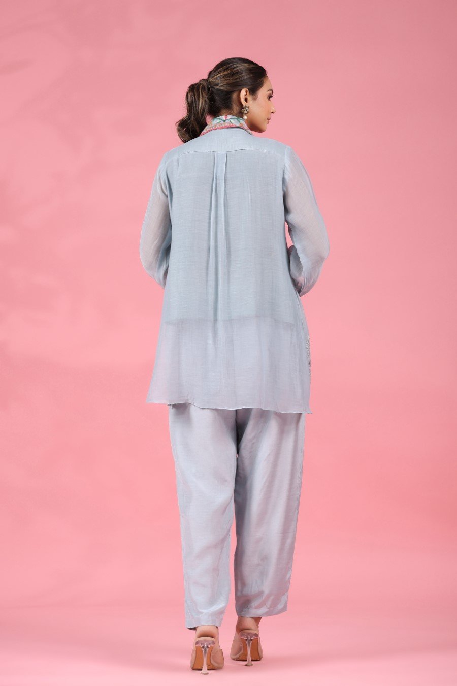 Pastel Blue Chanderi Silk Embroidered Co-ord Set