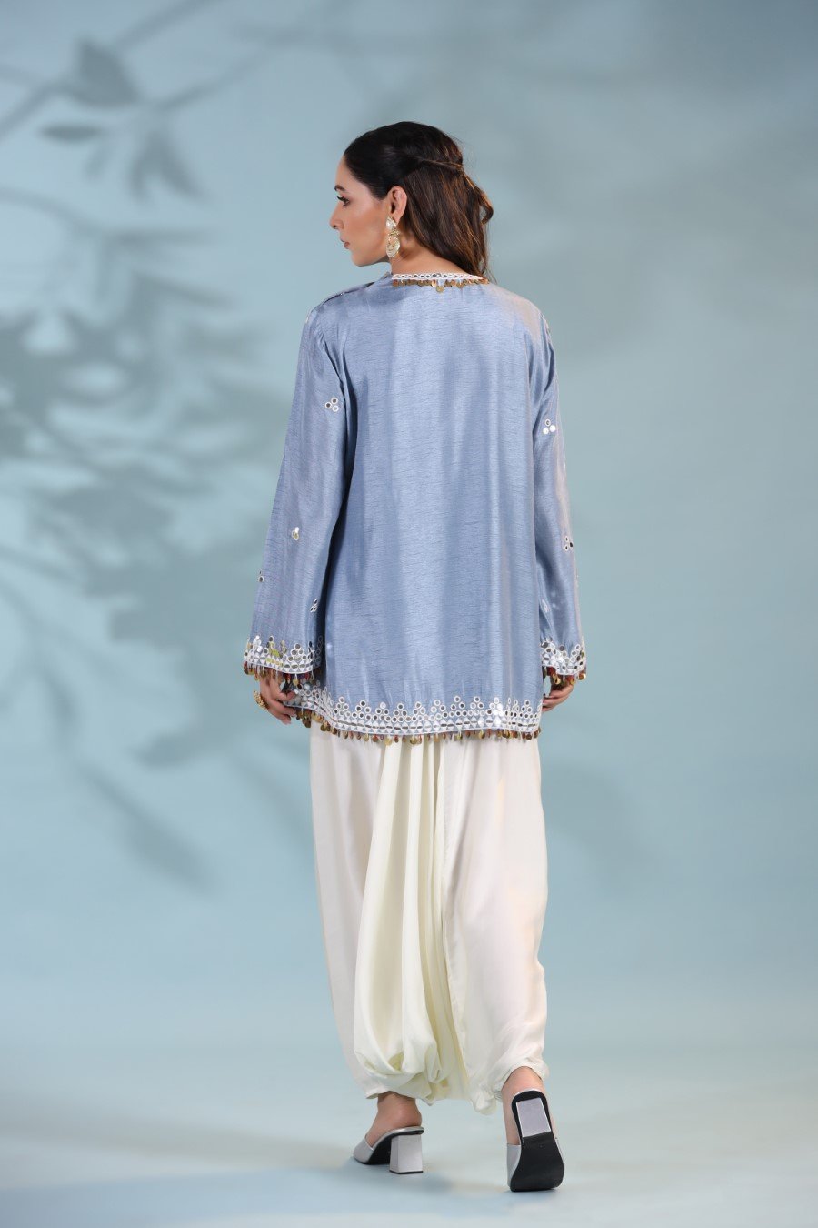 Greyish Blue Mirror Embellished Tunic with Harem Pants
